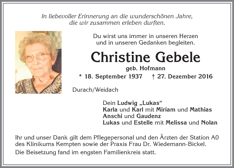 Traueranzeige von Christine Gebele von Allgäuer Zeitung,Kempten