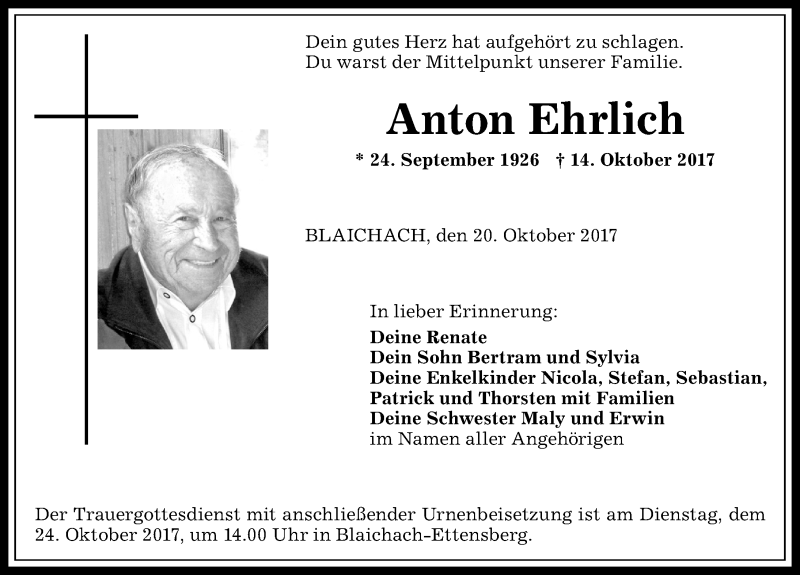 Traueranzeige von Anton Ehrlich von Allgäuer Anzeigeblatt