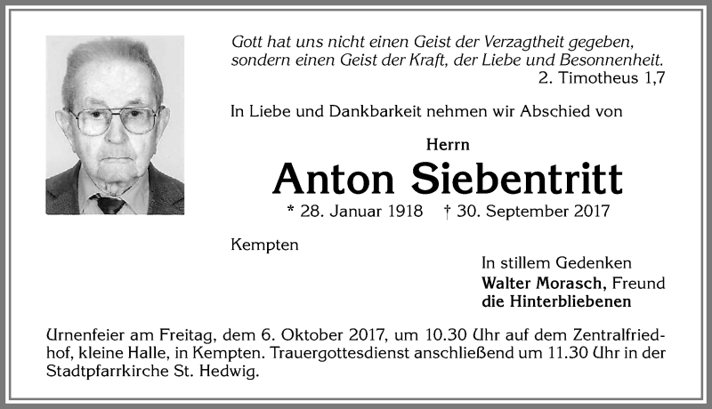 Traueranzeige von Anton Siebentritt von Allgäuer Zeitung,Kempten