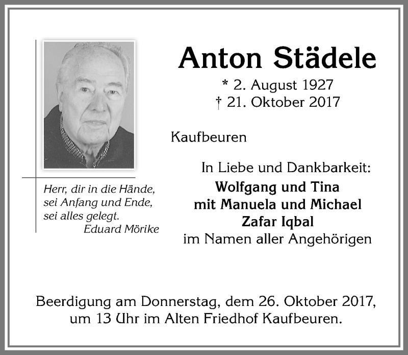 Traueranzeige von Anton Städele von Allgäuer Zeitung, Kaufbeuren/Buchloe