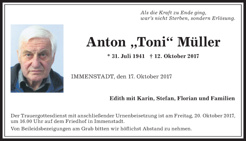 Traueranzeige von Anton Toni Müller von Allgäuer Anzeigeblatt