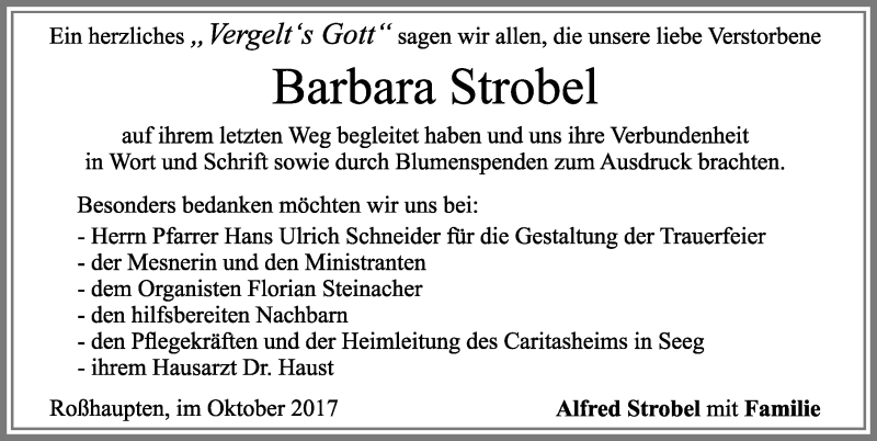 Traueranzeige von Barbara Strobel von Allgäuer Zeitung, Füssen