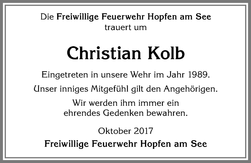 Traueranzeige von Christian Kolb von Allgäuer Zeitung, Füssen