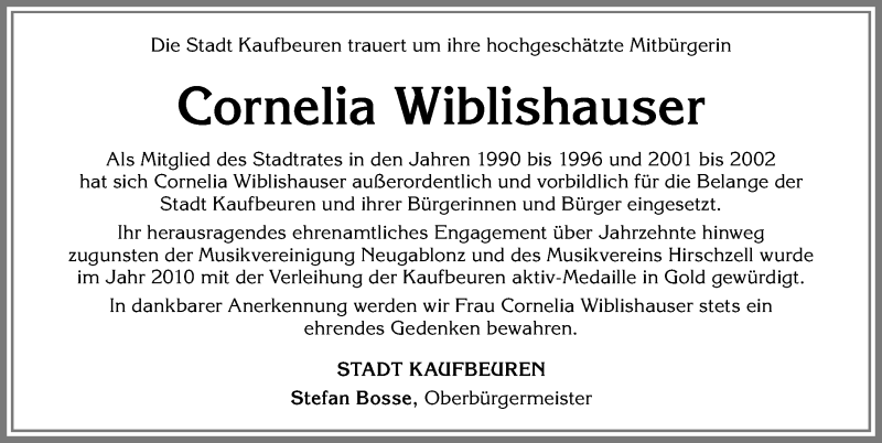 Traueranzeige von Cornelia Wiblishauser von Allgäuer Zeitung, Kaufbeuren/Buchloe