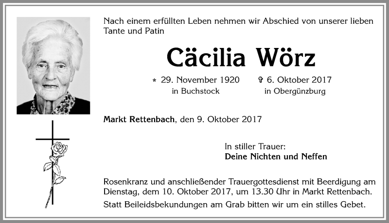 Traueranzeige von Cäcilia Wörz von Allgäuer Zeitung