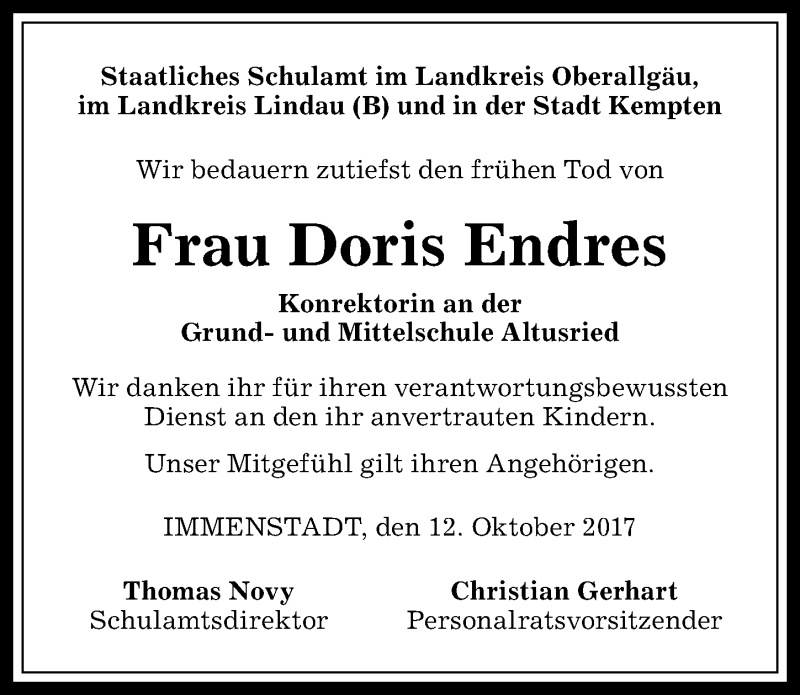 Traueranzeige von Doris Endres von Allgäuer Zeitung,Kempten