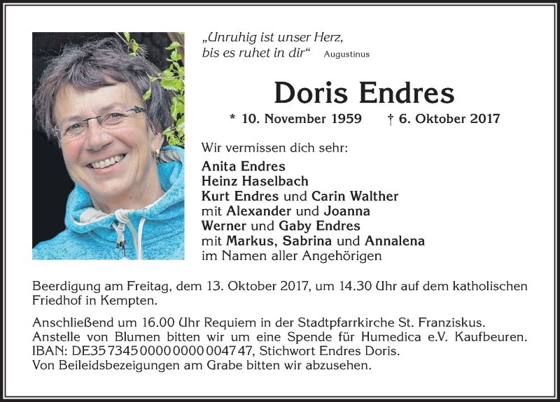 Traueranzeige von Doris Endres von Allgäuer Zeitung