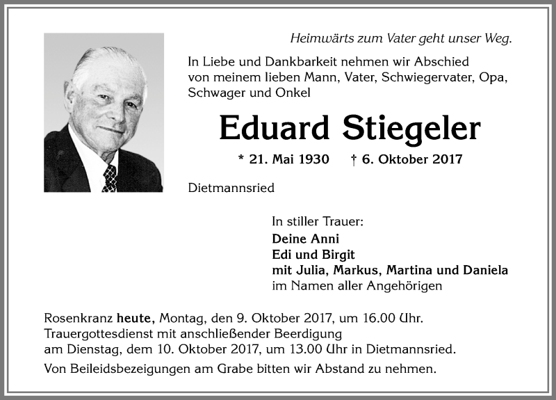 Traueranzeige von Eduard Stiegeler von Allgäuer Zeitung,Kempten