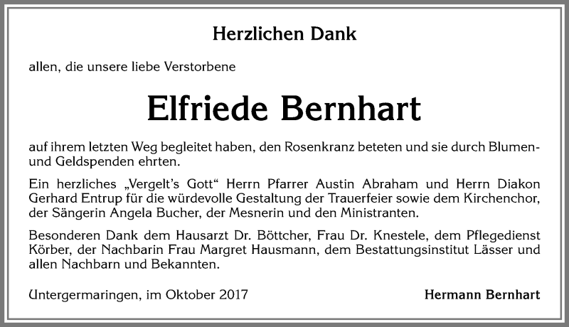 Traueranzeige von Elfriede Bernhart von Allgäuer Zeitung, Kaufbeuren/Buchloe