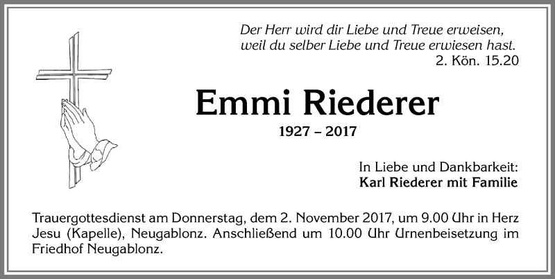 Traueranzeige von Emmi Riederer von Allgäuer Zeitung, Kaufbeuren/Buchloe