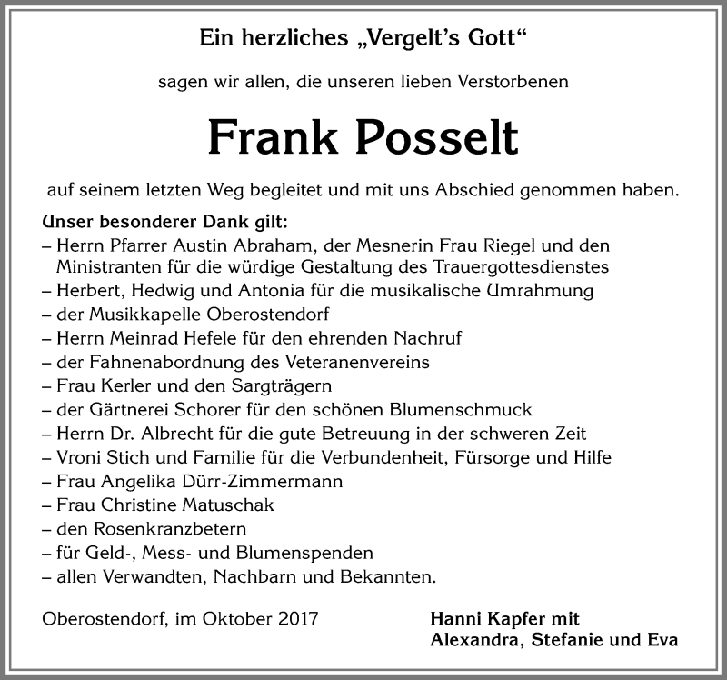 Traueranzeige von Frank Posselt von Allgäuer Zeitung, Kaufbeuren/Buchloe