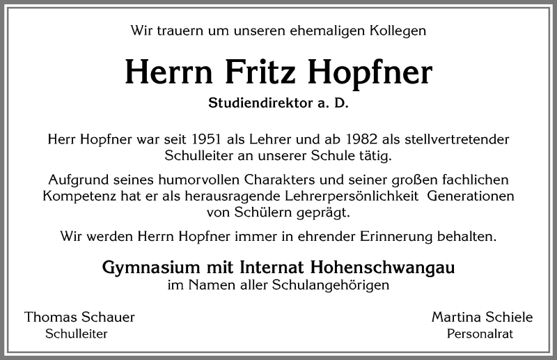 Traueranzeige von Fritz Hopfner von Allgäuer Zeitung, Füssen