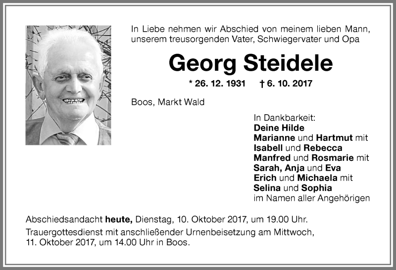 Traueranzeige von Georg Steidele von Memminger Zeitung
