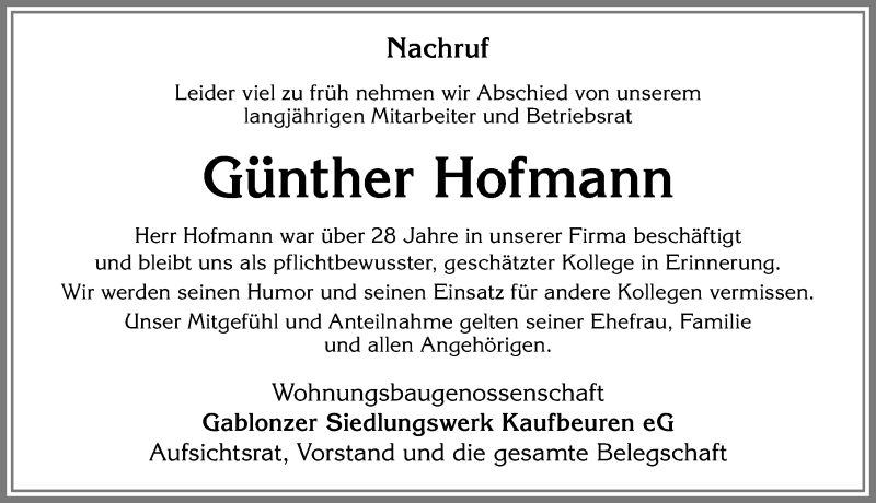 Traueranzeige von Günther Hofmann von Allgäuer Zeitung, Kaufbeuren/Buchloe