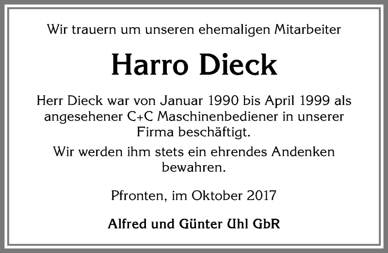 Traueranzeige von Harro Dieck von Allgäuer Zeitung, Füssen