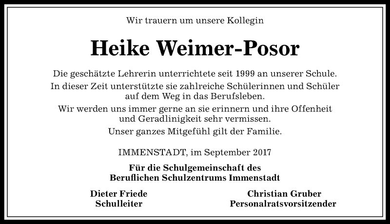 Traueranzeige von Heike Weimer-Posor von Allgäuer Anzeigeblatt