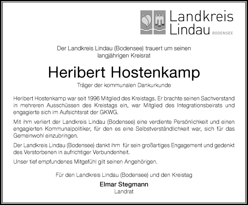 Traueranzeige von Heribert Hostenkamp von Der Westallgäuer