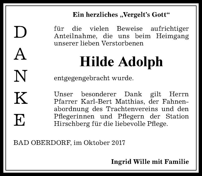 Traueranzeige von Hilde Adolph von Allgäuer Anzeigeblatt