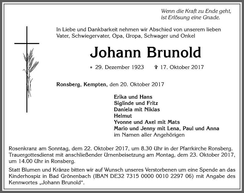 Traueranzeige von Johann Brunold von Allgäuer Zeitung, Marktoberdorf