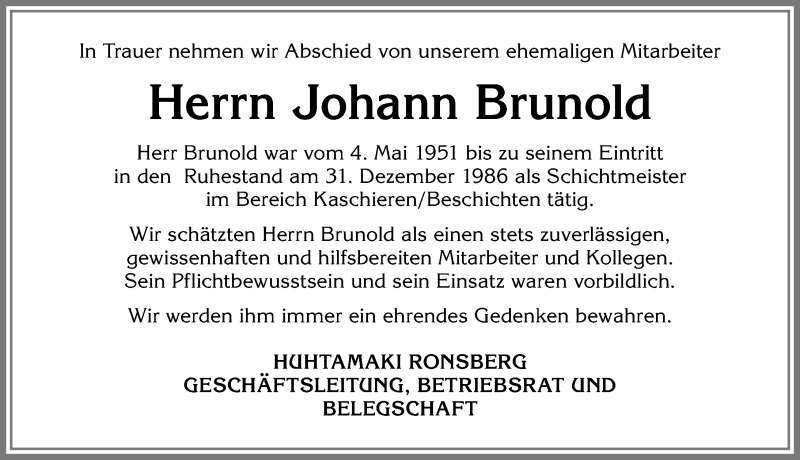 Traueranzeige von Johann Brunold von Allgäuer Zeitung, Marktoberdorf