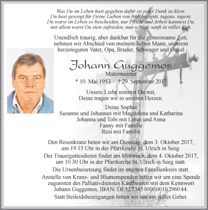 Traueranzeige von Johann Guggemos von Allgäuer Zeitung