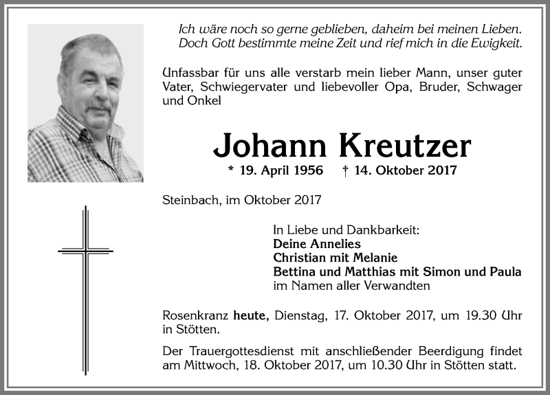 Traueranzeige von Johann Kreutzer von Allgäuer Zeitung