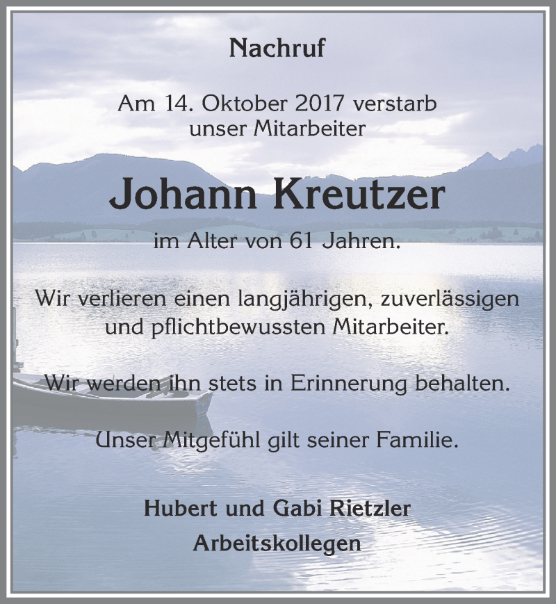 Traueranzeige von Johann Kreutzer von Allgäuer Zeitung