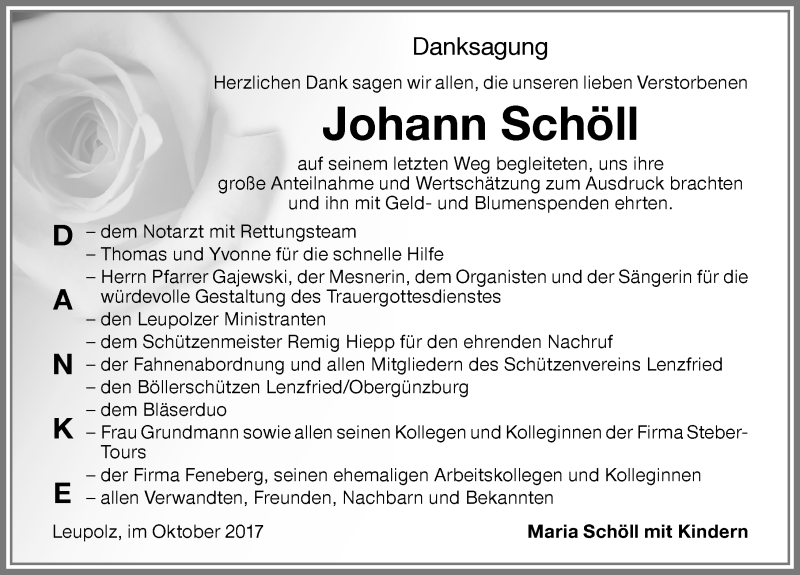 Traueranzeige von Johann Schöll von Allgäuer Zeitung,Kempten