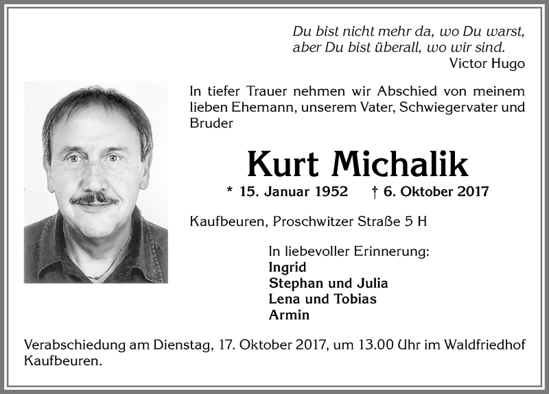 Traueranzeige von Kurt Michalik von Allgäuer Zeitung, Kaufbeuren/Buchloe