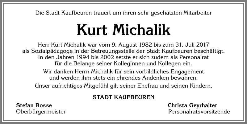 Traueranzeige von Kurt Michalik von Allgäuer Zeitung, Kaufbeuren/Buchloe
