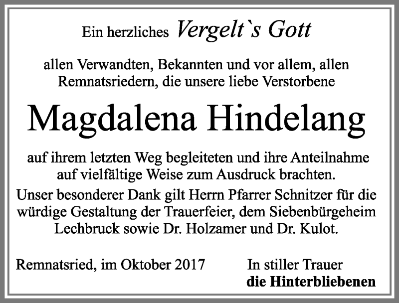 Traueranzeige von Magdalena Hindelang von Allgäuer Zeitung, Marktoberdorf