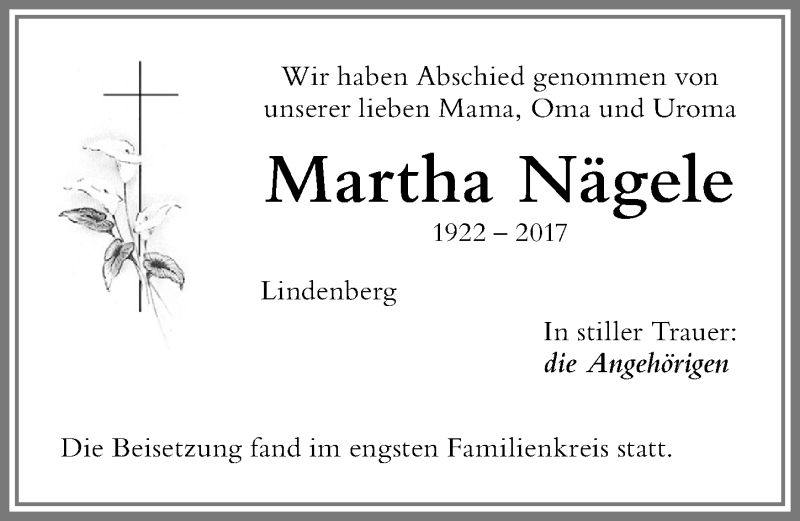 Traueranzeige von Martha Nägele von Der Westallgäuer