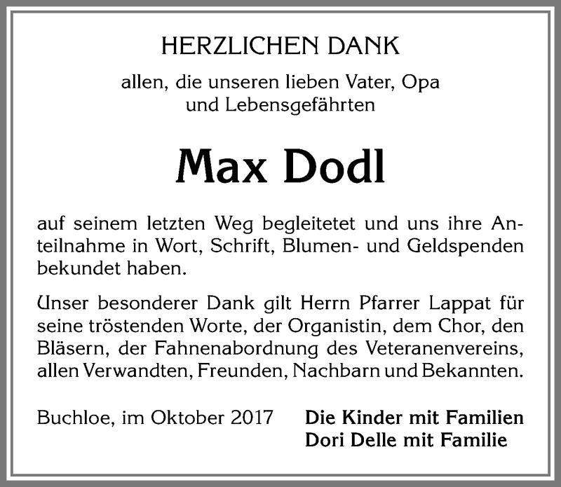 Traueranzeige von Max Dodl von Allgäuer Zeitung, Kaufbeuren/Buchloe