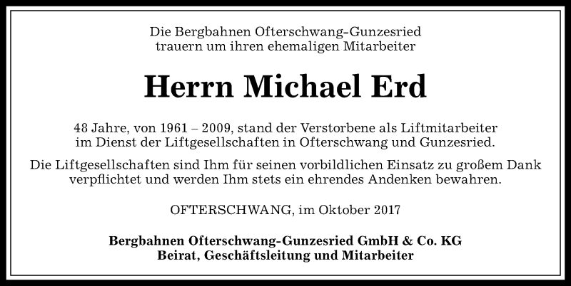 Traueranzeige von Michael Erd von Allgäuer Anzeigeblatt