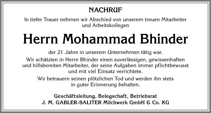 Traueranzeige von Mohammad Bhinder von Allgäuer Zeitung