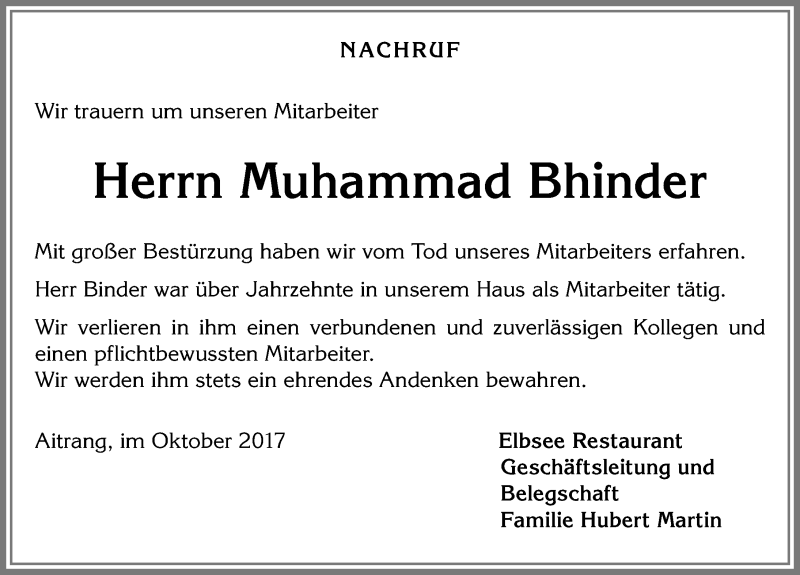 Traueranzeige von Muhammad Bhinder von Allgäuer Zeitung, Kaufbeuren/Buchloe