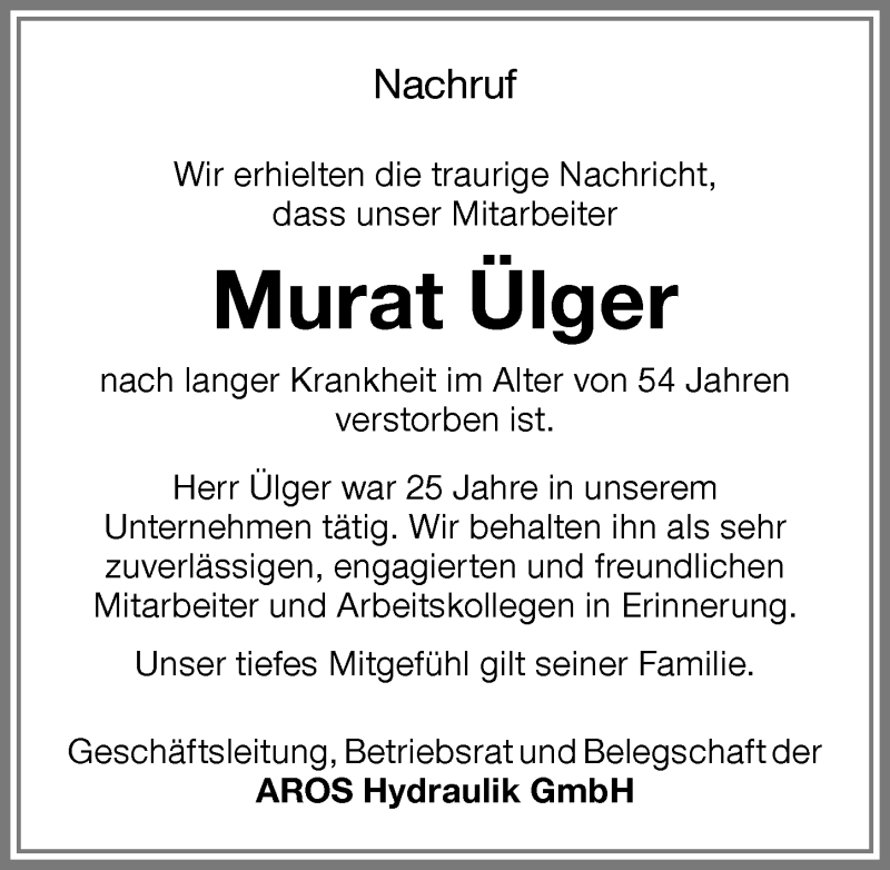 Traueranzeige von Murat Ülger von Memminger Zeitung