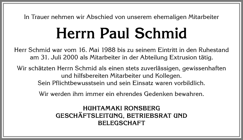 Traueranzeige von Paul Schmid von Allgäuer Zeitung