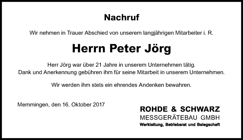 Traueranzeige von Peter Jörg von Memminger Zeitung