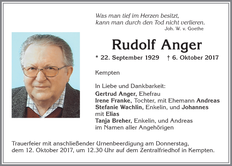 Traueranzeige von Rudolf Anger von Allgäuer Zeitung,Kempten