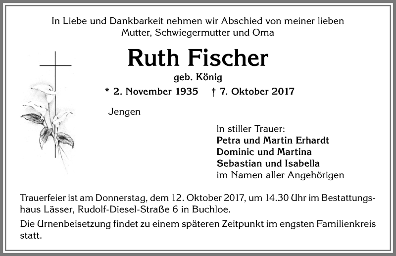 Traueranzeige von Ruth Fischer von Allgäuer Zeitung, Kaufbeuren/Buchloe