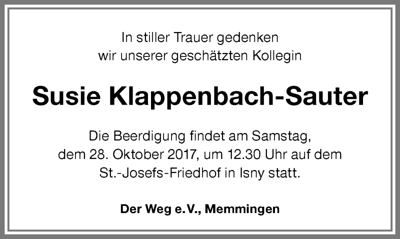 Traueranzeige von Susie Klappenbach-Sauter von Allgäuer Zeitung, Kaufbeuren/Buchloe