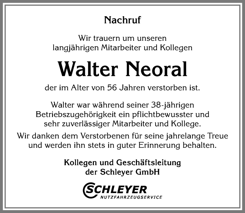 Traueranzeige von Walter Neoral von Allgäuer Zeitung,Kempten