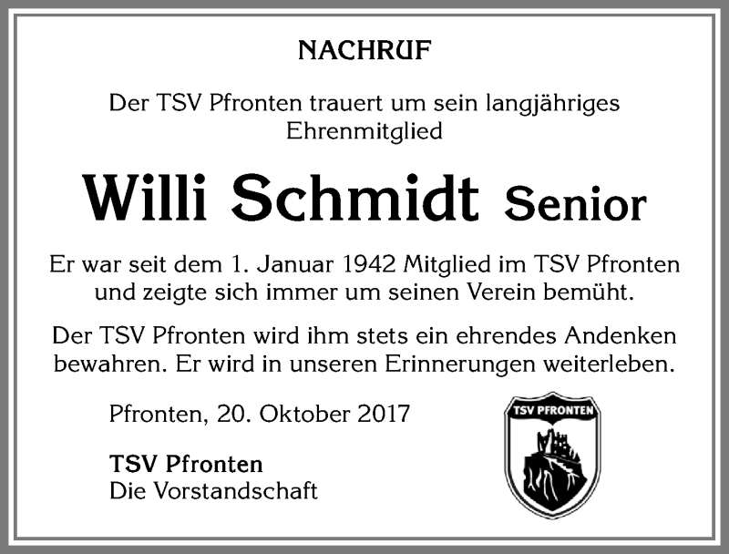 Traueranzeige von Willi Schmidt von Allgäuer Zeitung, Füssen