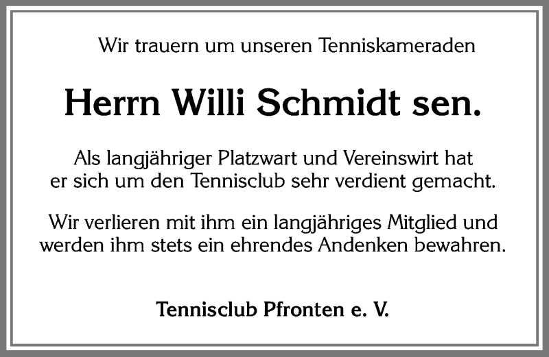 Traueranzeige von Willi Schmidt von Allgäuer Zeitung, Füssen