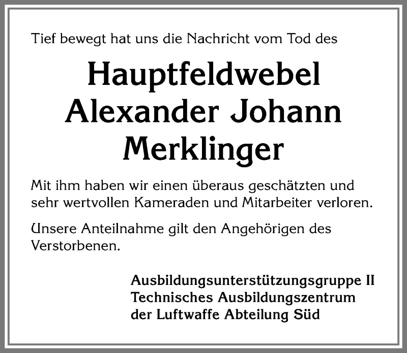 Traueranzeige von Alexander Johann Merklinger von Allgäuer Zeitung, Kaufbeuren/Buchloe