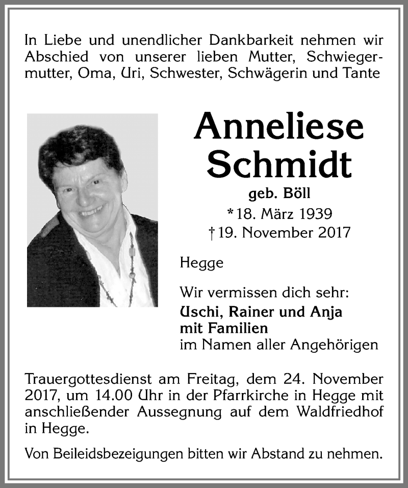Traueranzeige von Anneliese Schmidt von Allgäuer Zeitung,Kempten