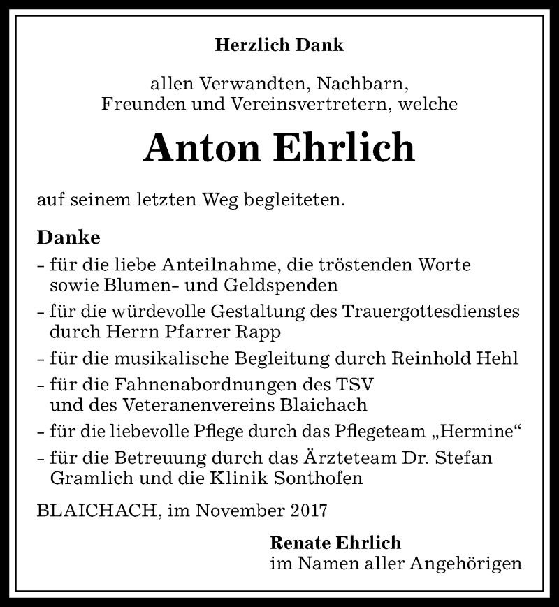 Traueranzeige von Anton Ehrlich von Allgäuer Anzeigeblatt