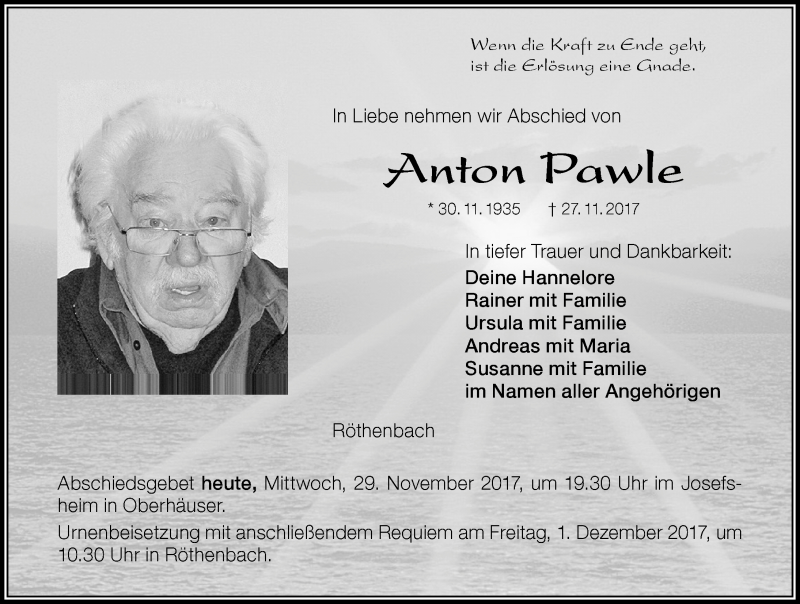 Traueranzeige von Anton Pawle von Der Westallgäuer