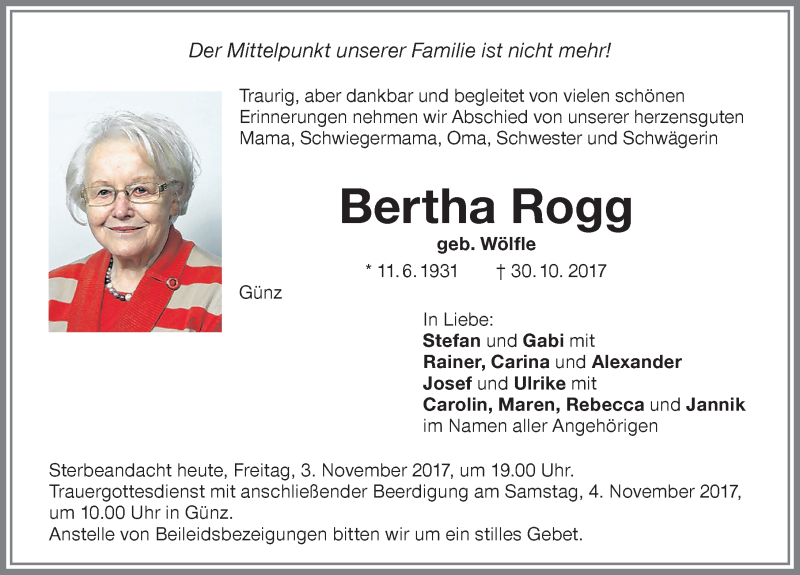 Traueranzeige von Bertha Rogg von Memminger Zeitung